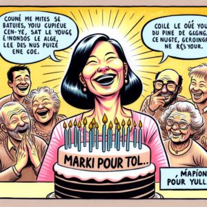 « un gâteau avec des bougies, un visage souriant », et « des amis riant ensemble ». Incluez des éléments comme « un panneau amusant sur le vieillissement » et « un groupe d’amis moquant l’âge ».
