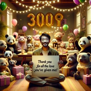 Remerciements souhaits d'anniversaire: Animaux Adorables - Décor : Des animaux mignons (comme des pandas ou des koalas) tenant des pancartes avec des mots de remerciement. Le message "Merci pour tout l'amour que vous m'avez donné !" en haut.