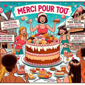 Visualisez une "scène de gourmande", avec un "gâteau énorme" et des "amis se partageant des douceurs". Incluez des "panneaux humoristiques sur les résolutions de l’année", montrant le contraste entre les intentions et la réalité.