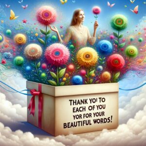 Remerciements vœux d'Anniversaire: Écrin de Fleurs et Ciel Bleu Décor : Un ciel bleu vif avec des nuages moelleux, où des fleurs colorées jaillissent du bas. Le message "Merci à chacun d'entre vous pour vos belles paroles !" en avant-plan.