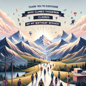 Montagnes d'Amitié Décor : Un panorama de montagnes avec un chemin sinueux et des amis marchant ensemble. Le message "Merci à tous ceux qui ont escaladé la montagne de mes vœux !" écrit au-dessus des cimes.