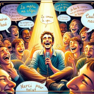 Illustrer une « scène de rires partagés », avec des « amis riant aux éclats ». Incluez des éléments comme « des bulles de dialogue humoristiques » et des « visages illuminés par des sourires », évoquant le plaisir partagé.