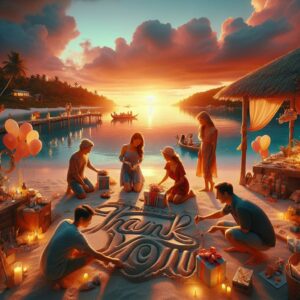 Remerciements souhaits d'anniversaire: Plage au Coucher de Soleil