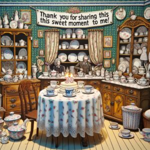 Remerciements souhaits d'anniversaire: Salon de Thé Rétro - Décor : Un salon de thé vintage avec des meubles anciens et des nappes à fleurs. Sur la table, faire apparaître le message "Merci de partager ce doux moment avec moi !" sur des tasses de thé.