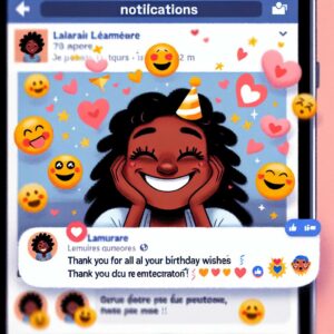 Décrivez une image montrant « une capture d’écran d’un mur Facebook avec un commentaire chaleureux ». Ajoutez « des émojis joyeux », comme des cœurs, et mettez en avant « un fond de notifications Facebook » pour que la source des remerciements soit reconnaissable.